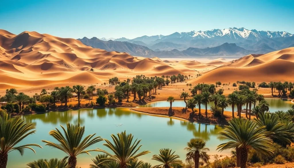 A vast, sun-dappled desert oasis nestled amidst towering sand dunes. In the foreground, a tranquil lagoon reflects the vibrant green palms and the warm, golden hues of the surrounding terrain. Middle ground features wind-sculpted dunes, their undulating forms casting dramatic shadows across the landscape. The background showcases the dramatic silhouette of the Andes mountains, their snow-capped peaks piercing the brilliant azure sky. Warm, diffused natural lighting bathes the scene, creating a serene, almost dreamlike atmosphere. Capture this magnificent desert paradise in a wide-angle, cinematic lens that emphasizes the scale and grandeur of Huacachina.