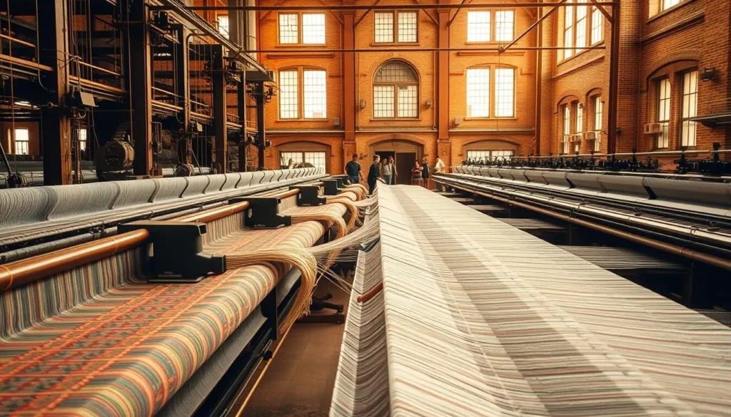 A vast, sun-dappled expanse of looms and spindles, the rhythmic clatter of textile machinery echoing through the air. In the foreground, intricate bolts of vibrant fabrics unfurl, their patterns a tapestry of Boras' rich weaving heritage. Midground, skilled artisans move with practiced grace, their nimble fingers coaxing threads into exquisite tapestries. In the background, historic brick facades of the city's textile mills stand as silent witnesses to generations of innovation and craftsmanship. Warm, golden light filters through tall windows, casting a warm glow over the scene, evoking the timeless essence of Boras' textile legacy.