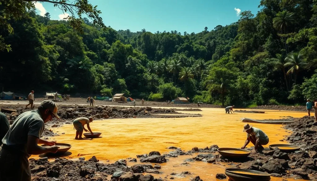 A vast, sun-drenched clearing in the lush, verdant rainforest of French Guiana. In the foreground, weathered miners toil under the blazing sun, sifting through the river's golden sands with their pans. The middle ground reveals a makeshift camp, tents and tarps dotting the landscape, a testament to the transient nature of this arduous work. In the distance, the dense jungle canopy frames the scene, casting dappled shadows across the rugged, undulating terrain. The air is thick with the sounds of rushing water and the rhythmic clanging of tools, capturing the timeless essence of gold mining in this remote corner of South America.