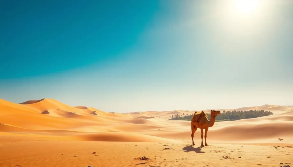 A vast, sun-drenched desert landscape stretches out under a brilliant azure sky. Towering dunes of golden sand rise and fall in graceful undulations, their slopes cast in warm, golden light. In the foreground, a lone Bedouin camel stands in quiet contemplation, its fur gently ruffled by a light breeze. In the distance, a shimmering oasis of palm trees and lush greenery offers a tantalizing glimpse of respite from the arid expanse. The scene is bathed in the rich, saturated tones of a desert afternoon, creating an atmosphere of tranquility and timelessness.