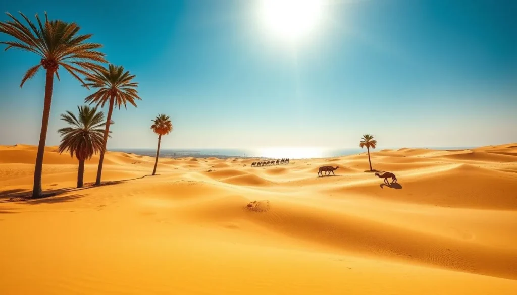 A vast, sun-drenched expanse of golden sand dunes stretches out under a brilliant azure sky. Towering palm trees sway gently in the warm desert breeze, casting soft shadows across the undulating landscape. In the middle distance, a shimmering mirage hides the distant oasis, while a lone Bedouin camel caravan winds its way across the horizon. The scene exudes a sense of tranquility and timeless beauty, capturing the essence of Abu Dhabi's arid, sun-soaked climate.