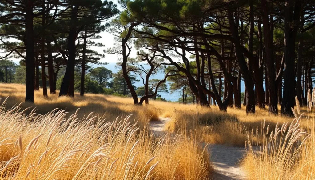 A vast, undulating landscape of sand dunes and lush pine forests, the Curonian Spit stretches along the Baltic Sea. Sunlight filters through the canopy, casting a warm glow over the scene. In the foreground, golden grasses sway gently in the breeze, framing a winding path that leads the eye deeper into the park. The middle ground reveals the distinctive silhouettes of twisted, wind-sculpted trees, their branches reaching towards the sky. In the distance, the shimmering blue of the sea meets the horizon, creating a seamless, tranquil transition. Capture the unique charm and natural beauty of this picturesque national park, a haven for outdoor enthusiasts and nature lovers alike.