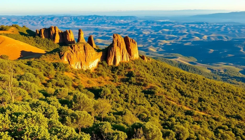 A vast, undulating landscape of the Grande Sertao Veredas National Park, Brazil, bathed in warm, golden sunlight. In the foreground, lush, verdant vegetation cascades down gentle slopes, while in the middle ground, rugged sandstone formations jut skyward, their weathered surfaces glowing in the afternoon sun. The background reveals a panoramic vista of rolling hills and distant mountains, hazy blue under a cloudless sky. The scene evokes a sense of tranquility and timeless wonder, inviting the viewer to explore the diverse and captivating landscapes of this remarkable natural wonder.