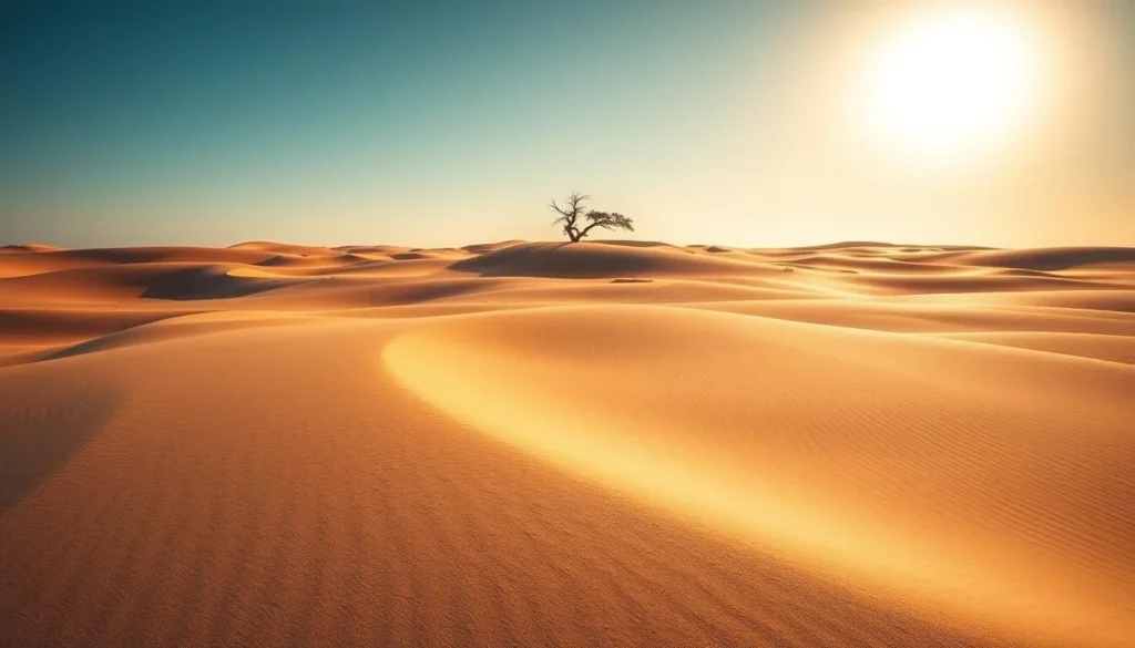A vast, undulating sea of golden dunes stretches out under a brilliant azure sky. The warm, gentle sunlight casts long shadows across the rippling, windswept landscape, creating a mesmerizing play of light and shadow. In the distance, a solitary, stunted tree stands as a testament to the harsh, unforgiving environment. The scene conveys a sense of tranquility and timelessness, inviting the viewer to explore the serene, otherworldly beauty of the Curonian Spit's "Dead Dunes".
