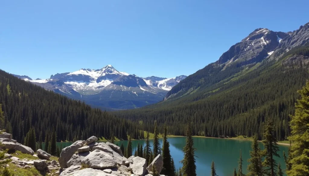 A vast, untamed wilderness area nestled in the heart of the Rocky Mountains. Towering peaks pierce the azure sky, their snow-capped summits glistening in the warm sunlight. Dense forests of towering evergreens stretch as far as the eye can see, their verdant canopies providing a lush, natural sanctuary. A crystal-clear alpine lake reflects the surrounding landscape, its tranquil waters inviting exploration. Rugged, rocky outcroppings dot the terrain, lending an air of rugged, untamed beauty. The scene exudes a sense of serenity and profound connection to the natural world, perfectly capturing the essence of conservation and leave no trace principles.