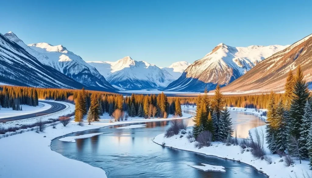 A vast winter wonderland unfolds along the Icefields Parkway, Alberta. Towering mountains capped in pristine snow flank the winding road, their peaks piercing the crisp azure sky. In the foreground, a meandering river reflects the surrounding glaciers and pine forests, its icy surface shimmering in the warm, golden light. Stately evergreens dot the middle ground, their branches heavy with fresh snow. The atmosphere is serene and tranquil, inviting travelers to slow down and savor the breathtaking natural beauty of this iconic Canadian landscape.