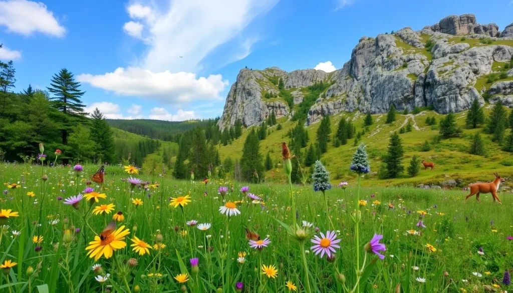 A verdant landscape unfolds, showcasing the vibrant flora and diverse fauna of Norra Kvill National Park in Sweden. In the foreground, a lush meadow bursts with wildflowers in hues of violet, yellow, and white, inviting a kaleidoscope of butterflies and bees to flit and pollinate. Further in the middle ground, a tranquil forest canopy casts a soft, dappled light upon the mossy undergrowth, where delicate woodland creatures like red squirrels and roe deer graze peacefully. In the distance, rugged granite cliffs rise, their weathered faces adorned with a tapestry of lichen and moss, creating a striking contrast against the azure sky above. The scene emanates a serene, harmonious atmosphere, capturing the essence of Norra Kvill's remarkable biodiversity.