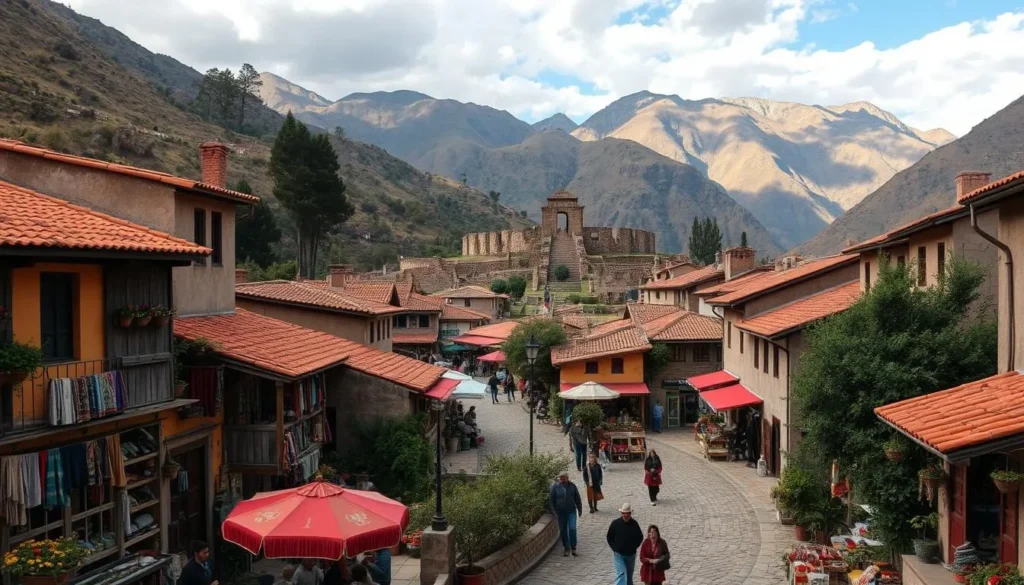 A vibrant Andean village nestled amidst rolling hills, Pisac exudes a captivating hippie vibe. Capture the quaint adobe buildings with terracotta roofs, adorned with colorful textiles and lush greenery. In the foreground, a bustling marketplace showcases the intricate handicrafts and textiles of local artisans. Winding cobblestone paths lead through the charming streets, where locals and visitors mingle. In the middle ground, the iconic Inca ruins stand tall, their ancient stone walls juxtaposed against the modern village. Framing the scene, the majestic Andes mountains rise in the background, their snow-capped peaks glowing under the warm Peruvian sun. Exude a laidback, bohemian atmosphere that perfectly encapsulates the spirit of Pisac.
