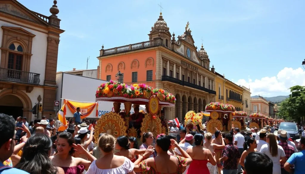 A vibrant Colombian festival scene, captured on a sunny day. In the foreground, a lively crowd dances to the rhythmic beats of traditional music, their colorful costumes swaying in the light breeze. The middle ground features a parade of ornate floats, each adorned with intricate designs and vibrant flowers. In the background, historic colonial buildings provide a picturesque backdrop, their warm hues contrasting with the azure sky above. The overall atmosphere is one of joyous celebration, with a sense of energy and vitality permeating the scene.