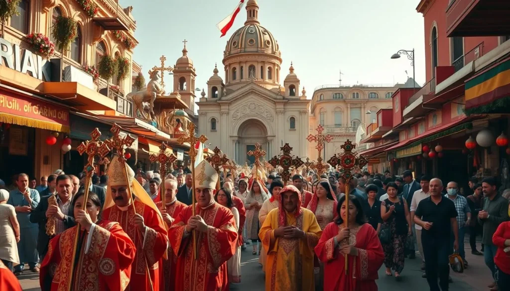 A vibrant Coptic Christmas celebration in a bustling Egyptian town square. In the foreground, a lively procession of clergy, adorned in rich vestments, leads a parade of faithful worshippers carrying ornate crosses and icons. In the middle ground, an elaborate Coptic church stands tall, its domed architecture and intricate carvings bathed in warm, golden sunlight. The background is filled with the colorful stalls of a bustling marketplace, with vendors selling traditional wares and the air thick with the aroma of spices and incense. The scene is alive with the joyous energy of the Coptic community, celebrating the birth of Christ in a rich, cultural tradition.