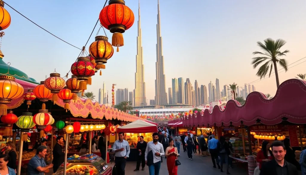 A vibrant Dubai festival calendar, showcasing the city's vibrant cultural tapestry. In the foreground, a colorful array of traditional Emirati lanterns and decorations, casting a warm glow. In the middle ground, a bustling crowd of locals and tourists strolling through a lively marketplace, with vendors offering a variety of regional delicacies and handcrafted goods. In the background, the iconic skyline of Dubai, with its towering skyscrapers and the iconic Burj Khalifa standing tall, bathed in the golden light of a serene afternoon. The overall scene conveys a sense of energy, celebration, and the rich cultural heritage of Dubai.