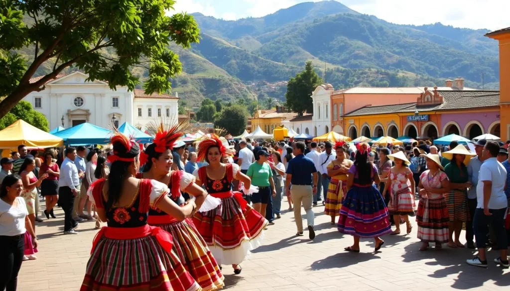 A vibrant Ecuadorian festival in a bustling town square, with colorful traditional costumes, lively music, and energetic dancers. In the foreground, a group of performers captivate the crowd with their rhythmic movements, their elaborate headdresses and intricate embroidered garments shimmering in the warm afternoon sunlight. In the middle ground, vendors offer an array of local delicacies and handcrafted wares, while onlookers mingle and sway to the infectious beat. In the background, a backdrop of colonial-era buildings and lush, verdant hills creates a picturesque setting, evoking the rich cultural heritage of Ecuador. The scene is brimming with vibrant hues, joyous energy, and a sense of community, capturing the essence of the country's vibrant festival culture.