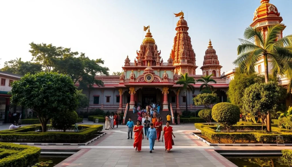 A vibrant ISKCON temple nestled in the bustling heart of Noida, its ornate architecture bathed in the warm glow of the afternoon sun. Towering spires adorned with intricate carvings and vibrant hues stand tall, surrounded by lush green gardens and serene ponds. Devotees gracefully move through the grand entrance, their faces tranquil and reflective, as the scent of incense fills the air. Capture the essence of this sacred space, where spirituality and tranquility coexist in perfect harmony.