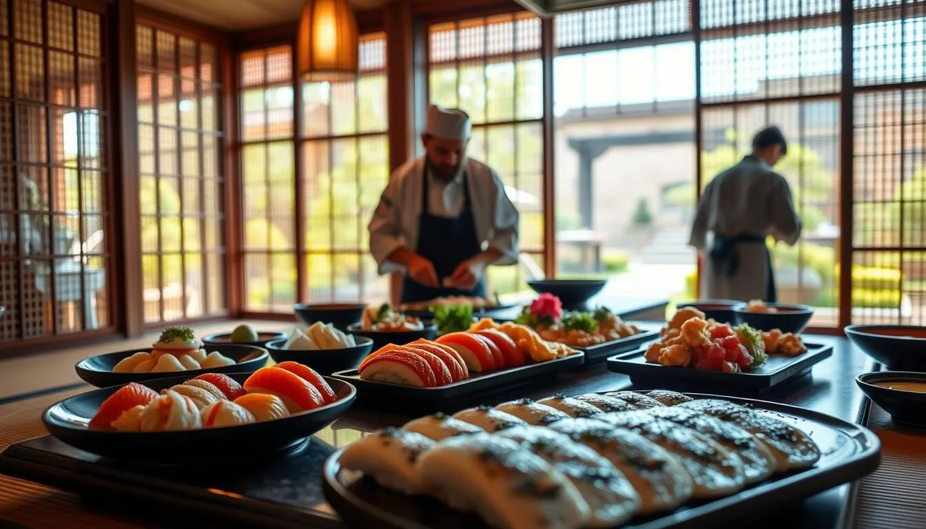 A vibrant Japanese dining scene unfolds in Brasilia, where chefs showcase their mastery of tradition. A serene tatami-matted interior bathed in soft, natural light sets the stage. In the foreground, a carefully arranged spread of sushi, sashimi, and tempura glistens, inviting the senses. The middle ground reveals a skilled sushi chef slicing fresh fish with precision, while the background offers a glimpse of a zen garden, connecting the cuisine to its cultural roots. The atmosphere exudes elegance, tranquility, and a reverence for the culinary arts.