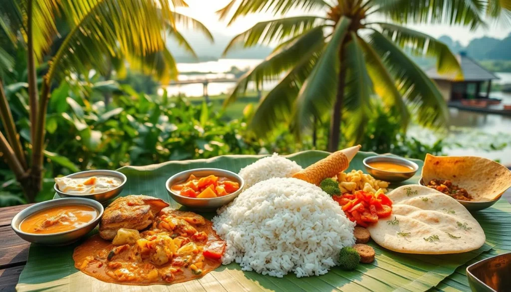 A vibrant Kerala culinary landscape, bathed in soft natural light. In the foreground, a traditional banana leaf spread adorned with an array of Kerala delicacies - fragrant fish curry, steaming rice, crisp appam, and flavorful vegetable dishes. The middle ground features lush tropical foliage and a glimpse of a serene backwater setting. The background evokes the warmth and hospitality of the region, with a subtle touch of Kerala's architectural charm. Capture the essence of this rich, diverse, and tantalizing cuisine in a realistic, mouthwatering composition.