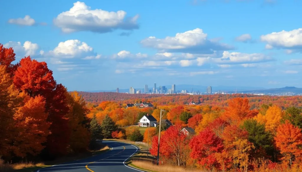 A vibrant New England landscape in the height of autumn, with a crisp blue sky and fluffy white clouds overhead. In the foreground, a winding country road flanked by towering sugar maples ablaze in shades of red, orange, and gold. Clusters of red barns and quaint white farmhouses dot the rolling hills in the middle distance, their pitched roofs and weathered clapboard siding glowing in the warm, diffused sunlight. In the background, a hazy outline of the Boston skyline, its skyscrapers peeking out above the tree canopy. The scene has a serene, picturesque quality, conveying the quintessential charm and seasonal beauty of the New England region.