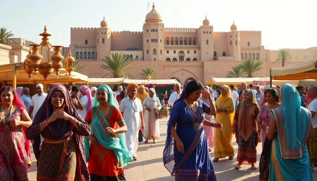 A vibrant Omani cultural festival unfolds in a sun-dappled town square. In the foreground, colorfully dressed locals dance to the rhythmic beats of traditional Omani music, their intricate garments and vibrant jewelry gleaming in the warm light. In the middle ground, artisans showcase their handcrafted wares, from ornate copper lamps to delicate textiles. In the background, a majestic palace or fort stands as a testament to Oman's rich history, its intricate architecture bathed in the golden glow of the afternoon sun. The scene exudes a sense of joyous celebration, capturing the essence of Oman's vibrant cultural heritage.