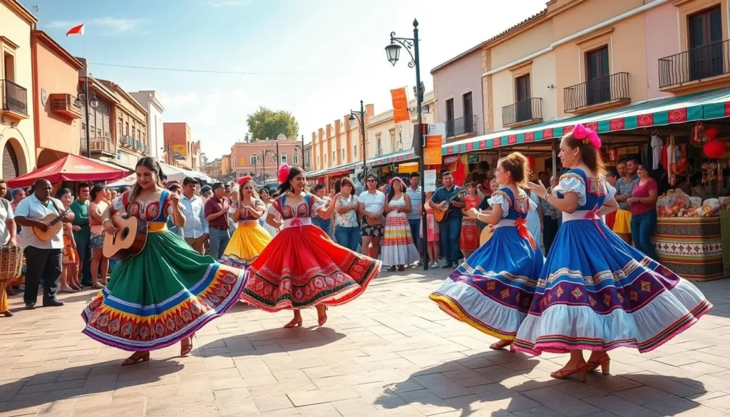 A vibrant Paraguayan cultural festival in a lively town square, with colorful traditional costumes, lively music, and joyful dancing. In the foreground, a group of performers twirl and sway to the rhythm of drums and guitars, their vibrant fabrics and intricate embroidery catching the warm afternoon light. In the middle ground, a crowd of spectators watches the performance, their faces alight with excitement. In the background, stalls selling handcrafted goods and local delicacies line the square, their vibrant displays adding to the festive atmosphere. The overall scene is one of energy, celebration, and a deep connection to Paraguayan heritage and tradition.