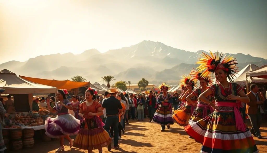 A vibrant Peruvian festival unfolds, bursting with color and energy. In the foreground, dancers in traditional costumes move rhythmically to the beat of lively music, their vibrant garments and headdresses swaying gracefully. In the middle ground, stalls offer an array of handcrafted wares, from vibrant textiles to intricate pottery. The background is a backdrop of towering Andean peaks, casting a serene, majestic presence over the festive scene. Warm, golden sunlight filters through, illuminating the joyous celebration and creating a sense of harmony and cultural pride. The overall atmosphere is one of cultural richness, community, and the enduring spirit of Peruvian traditions.