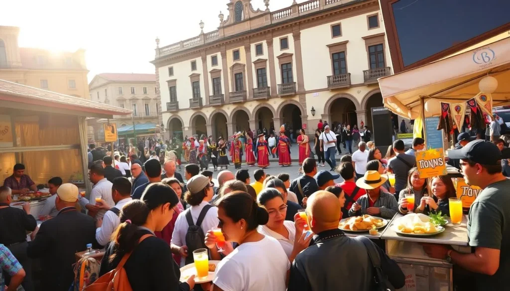 A vibrant Peruvian food festival unfolding in a bustling town square. Stalls offering an array of traditional dishes and drinks, their aromas wafting through the air. In the foreground, a group of locals and tourists sampling ceviche, roasted guinea pig, and colorful cocktails. Lively music and dancing in the middle ground, as performers in intricate costumes take the stage. In the background, colonial architecture frames the scene, bathed in warm, golden sunlight. An atmosphere of celebration, cultural pride, and culinary delight permeates the setting.