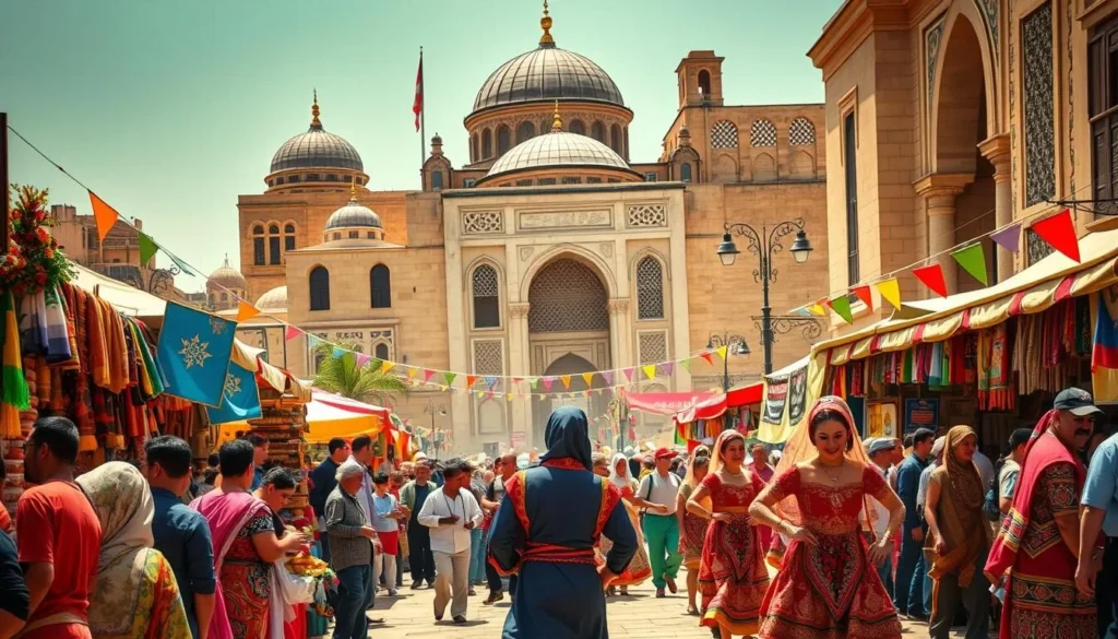 A vibrant Syrian festival scene set on a sunny day. In the foreground, a bustling street market filled with vibrant colors, sounds, and smells of local cuisine, handicrafts, and textiles. Middle ground showcases traditional dancers adorned in ornate costumes performing lively choreography. In the background, ancient architecture with intricate Islamic patterns and domes, casting warm, diffused lighting across the festive atmosphere. The overall mood is one of cultural richness, joyous celebration, and a deep connection to timeless traditions.