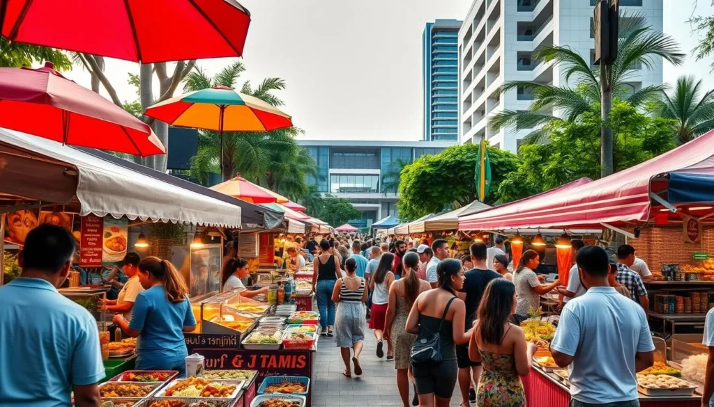 A vibrant Thai food festival in the heart of Brasilia, Brazil, on a sunny afternoon. In the foreground, a bustling outdoor market filled with colorful stalls offering an array of tantalizing Thai dishes - from steaming curries and fragrant rice dishes to sizzling satay and refreshing papaya salads. Vibrant umbrellas and decorative banners create a festive atmosphere, as lively crowds of locals and tourists meander through the stalls, sampling the diverse flavors. In the middle ground, the aroma of lemongrass, ginger, and chili peppers wafts through the air, enticing passersby. The background features a backdrop of modern architecture and lush greenery, providing a harmonious contrast to the traditional Thai elements. Soft, diffused lighting casts a warm glow over the scene, evoking a sense of comfort and celebration.