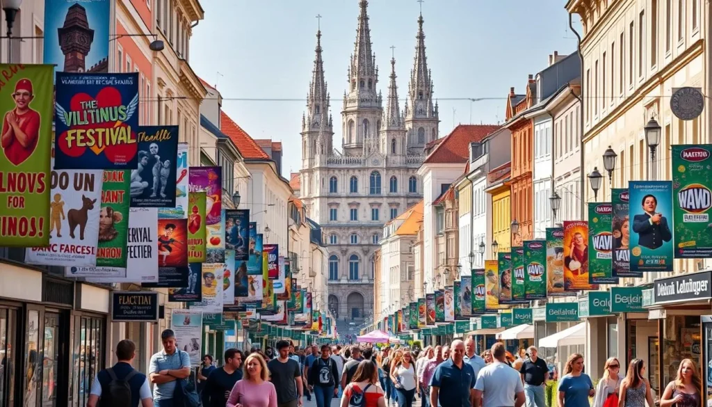 A vibrant Vilnius festival calendar on a sunny day, with a colorful array of event posters and banners lining the historic streets. In the foreground, a group of locals and visitors stroll by, admiring the rich cultural offerings. The middle ground showcases the iconic architecture of the Old Town, bathed in warm, golden light. In the background, the spires of Vilnius Cathedral rise majestically, setting the scene for an atmosphere of festivity and celebration. The image conveys the energy and excitement of Vilnius' vibrant festival season, inviting the viewer to explore the city's diverse cultural experiences.