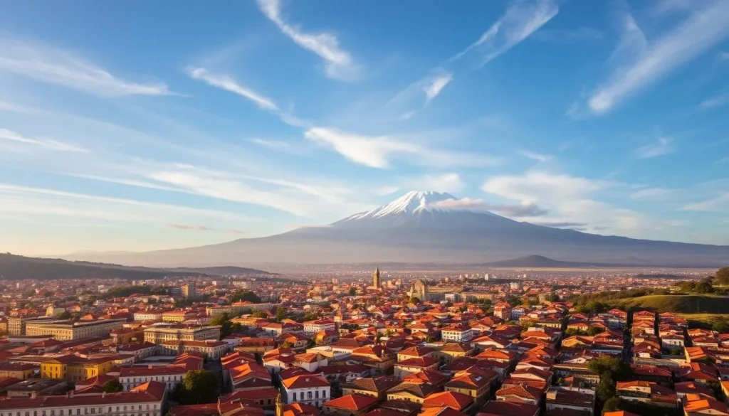 A vibrant aerial view of Quito, the capital city of Ecuador, nestled in the Andes Mountains. The city is bathed in warm, golden sunlight, casting long shadows across the terracotta rooftops and winding streets. In the distance, the iconic snow-capped peaks of the Volcán Pichincha stand tall, creating a dramatic backdrop. Wispy clouds dance across the azure sky, hinting at the mild, temperate climate that characterizes Quito's highlands. The scene conveys a sense of tranquility and the perfect conditions for exploring the historic city and its surrounding natural wonders.