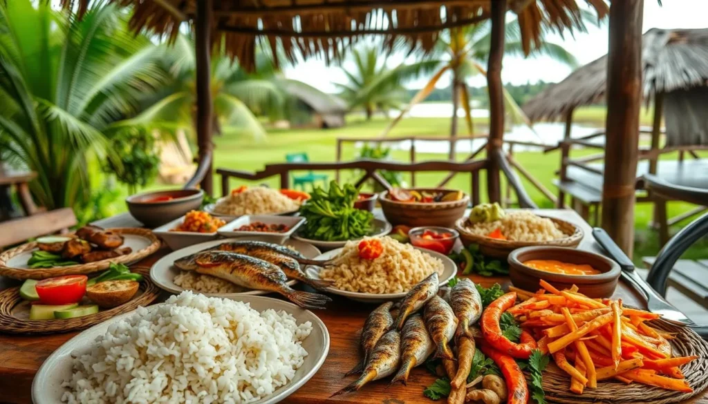 A vibrant and authentic display of traditional Apoera cuisine, captured in a warm, inviting scene. In the foreground, an assortment of local dishes, including freshly grilled fish, fragrant rice, and a variety of colorful vegetables and accompaniments. The middle ground features a rustic wooden table, with woven placemats and handcrafted utensils, creating a sense of cultural heritage. The background depicts a lush, tropical landscape, with swaying palm trees and a glimpse of the nearby river, conveying the essence of Apoera's natural setting. Soft, diffused lighting illuminates the scene, highlighting the vibrant colors and textures of the traditional Apoera cuisine, inviting the viewer to savor the culinary delights of this captivating region.