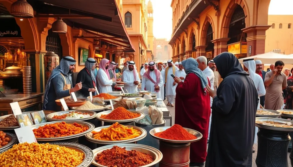 A vibrant and authentic scene of Saudi Arabian cuisine, set in a lively outdoor marketplace in Jiddah. In the foreground, a colorful array of traditional dishes and spices are displayed on ornate copper platters, their aromas wafting through the air. In the middle ground, friendly local vendors in traditional dress offer samples and converse with patrons. In the background, the bustling market is framed by the intricate architecture of historic buildings, casting warm, golden light over the scene. The overall atmosphere is one of rich cultural heritage, hospitality, and the celebration of culinary delights unique to this region.