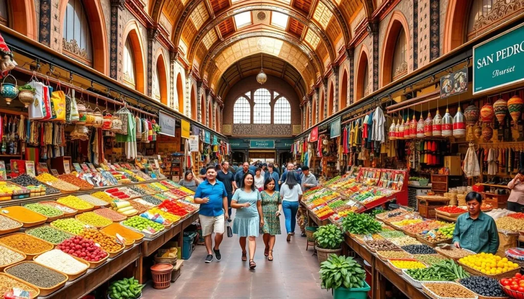A vibrant and bustling indoor market in Cusco, Peru, known as San Pedro Market. The foreground showcases an array of colorful fresh produce, spices, and local handicrafts displayed on wooden stalls. In the middle ground, shoppers weave through the aisles, interacting with friendly vendors. The background reveals the market's architecture, with high ceilings, ornate tiled walls, and natural light streaming in through large windows. Capture the lively atmosphere, the interplay of colors, and the authentic Andean ambiance that make this market a must-visit destination for both locals and travelers. Use a wide-angle lens to convey the bustling energy and grandeur of this iconic Cusco landmark on a pleasant, sunny day.