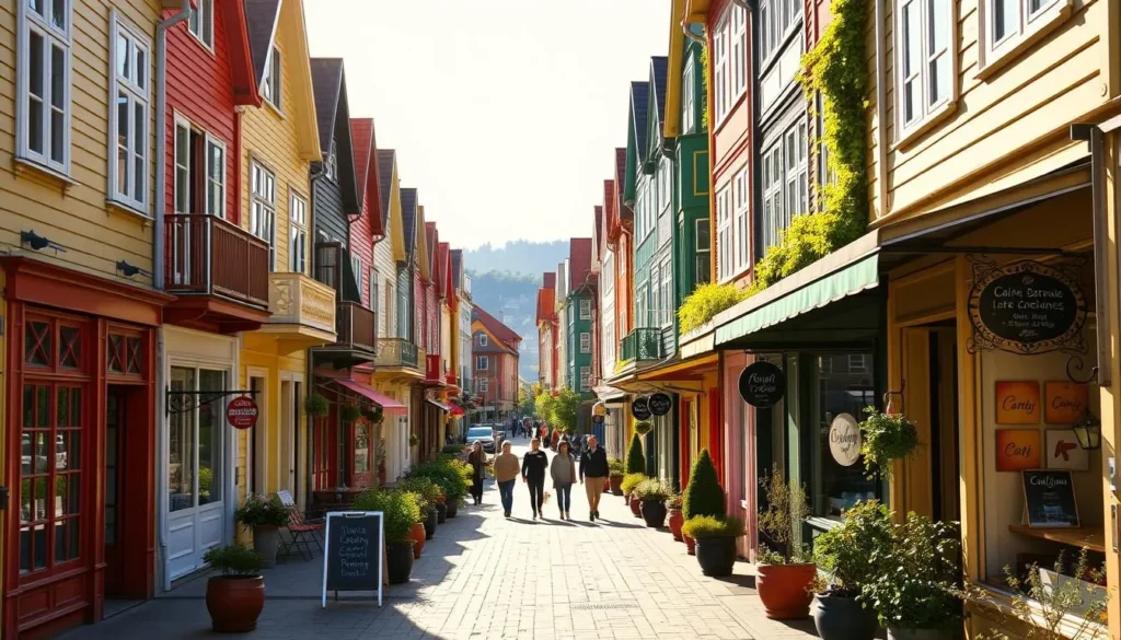 A vibrant and charming street in Stavanger, Norway, bathed in warm sunlight. Rows of colorful, picturesque houses line the sidewalks, their facades adorned with intricate details and patterns. Quaint shops, cafes, and boutiques dot the scene, their inviting storefronts beckoning passersby. In the middle distance, people stroll leisurely, adding to the lively, pedestrian-friendly atmosphere. The street is framed by lush greenery, such as potted plants and small trees, creating a sense of liveliness and vitality. The overall mood is one of cheerfulness, vibrancy, and a celebration of the local culture and architecture.