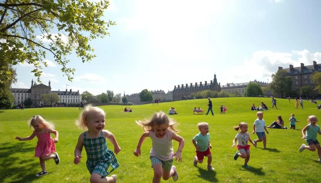 A vibrant and cheerful scene of family-friendly activities in the London Borough of Ealing. In the foreground, children playfully run through a lush green park, their laughter echoing under the warm, sun-dappled sky. In the middle ground, parents push strollers and picnic on the grassy knolls, while older kids engage in friendly games of frisbee and football. In the background, the historic architecture of Ealing subtly frames the idyllic tableau, hinting at the borough's rich cultural heritage. The overall atmosphere is one of carefree enjoyment, capturing the spirit of the best things to do for families in this vibrant London locale.