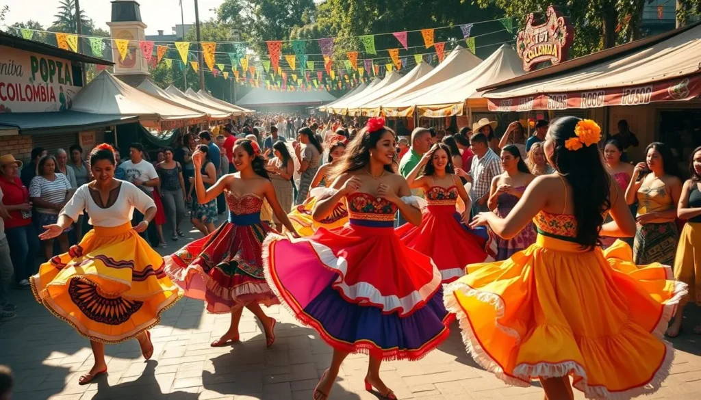 A vibrant and colorful Colombian festival scene, captured on a sunny day. In the foreground, lively dancers in traditional costumes move to the rhythm of live music, their intricate footwork and swirling skirts a mesmerizing display. In the middle ground, bustling food stalls offer an array of aromatic local dishes, while in the background, a crowd of revelers gathers, their faces alight with joy and excitement. The scene is bathed in warm, golden light, creating a festive and inviting atmosphere. Capture the energy, culture, and spirit of a beloved Colombian celebration.