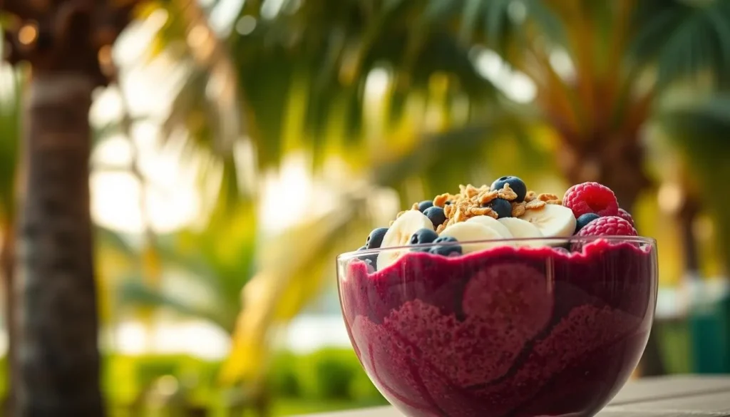 A vibrant and colorful açaí bowl set against a serene outdoor scene. The bowl is brimming with a deep purple açaí sorbet, topped with an assortment of fresh berries, sliced bananas, and a sprinkle of crunchy granola. The background features a lush, tropical setting with palm trees swaying gently in the warm breeze. Soft, diffused lighting casts a warm, golden glow over the scene, creating a tranquil and inviting atmosphere. The camera angle is slightly elevated, allowing the viewer to appreciate the carefully crafted layers and textures of the bowl. The overall impression is one of a healthy, refreshing, and quintessentially Brazilian dining experience.