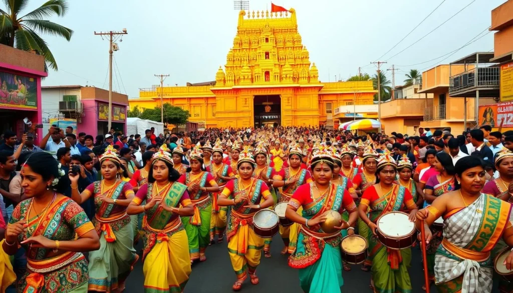 A vibrant and colorful festival scene in Tirunelveli, Tamil Nadu. In the foreground, a lively procession of dancers and musicians in traditional attire, adorned with intricate costumes and headdresses, moving to the rhythmic beats of drums and cymbals. In the middle ground, a grand temple façade, its ornate architecture bathed in warm, golden sunlight. In the background, a bustling crowd of spectators, their faces alight with excitement and wonder, capturing the festive atmosphere with their cameras. The scene is filled with a sense of energy, celebration, and cultural richness, perfectly encapsulating the essence of Tirunelveli's vibrant festivals.