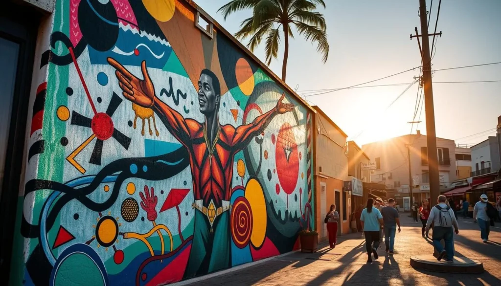 A vibrant and colorful mural adorns the bustling street of Punta del Diablo, Uruguay. Intricate brushstrokes and bold hues come together to create a captivating scene that celebrates the local culture and spirit. In the foreground, a larger-than-life figure gestures with outstretched arms, inviting passers-by to immerse themselves in the artistic expression. The middle ground features a diverse array of abstract shapes and patterns that dance across the wall, evoking a sense of movement and energy. In the background, the sun casts a warm, golden glow, illuminating the vibrant artwork and the surrounding buildings. The overall composition exudes a lively and welcoming atmosphere, perfectly capturing the cultural vibrancy of this coastal town.