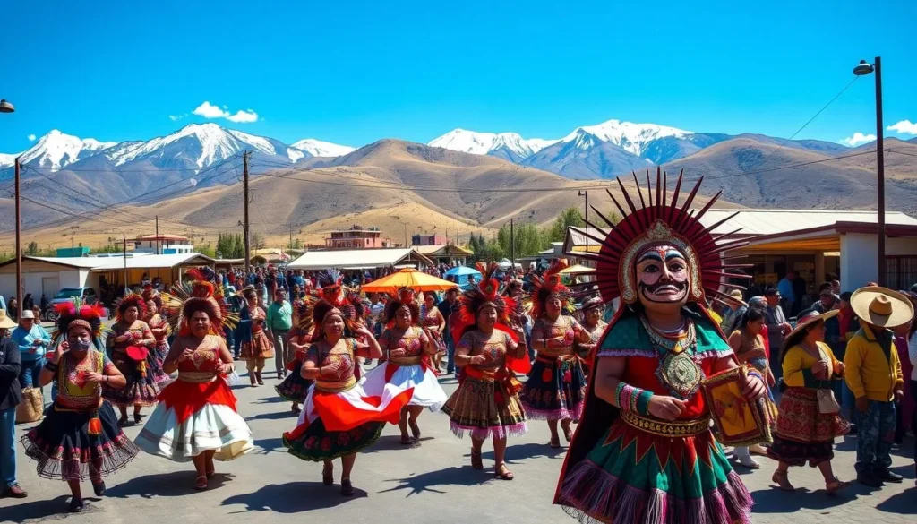 A vibrant and colorful scene of Bolivia's most iconic festivals, captured on a sunlit day. In the foreground, a lively parade with dancers in ornate costumes and masks, their movements fluid and energetic. In the middle ground, a bustling market filled with local artisans selling handcrafted goods and traditional wares. The background showcases the stunning natural landscape of Bolivia, with snow-capped peaks and verdant hills providing a majestic backdrop. The atmosphere is one of celebration, community, and the rich cultural heritage of this South American nation.