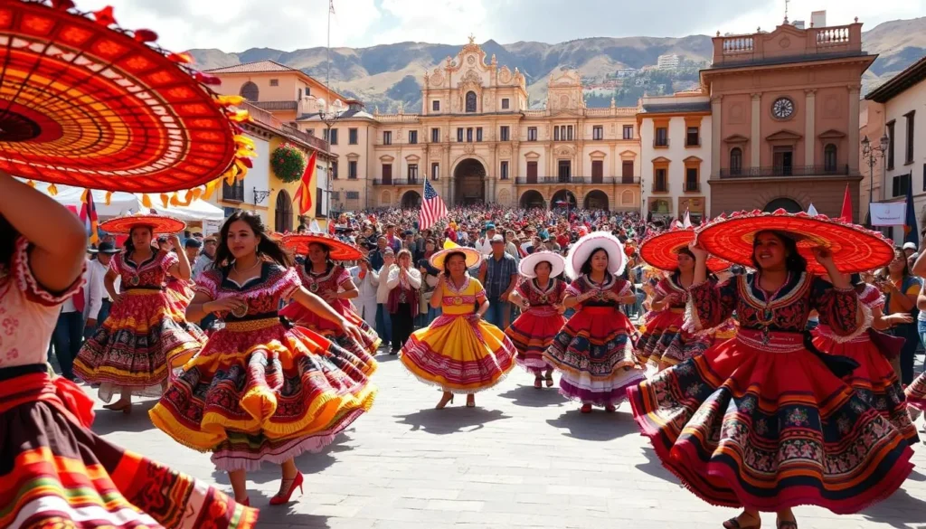 A vibrant and colorful scene of La Fiesta Candelaria, Peru's largest cultural festival, unfolds before the viewer. In the foreground, a lively parade of performers in ornate traditional costumes dance and twirl, their movements captured in a dynamic, wide-angle shot. The middle ground features a bustling crowd of revelers, their faces alight with joy and excitement. In the background, the iconic architecture of Puno, Peru's lakeside city, provides a stunning backdrop, bathed in warm, golden sunlight. The overall atmosphere is one of celebration, community, and the rich cultural heritage of Peru, perfectly capturing the essence of this magnificent festival.