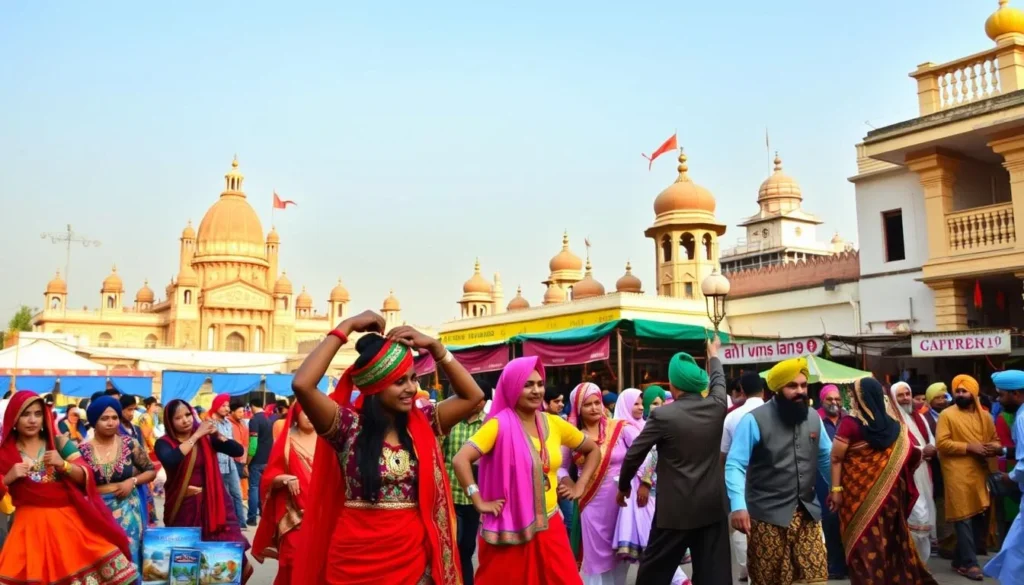 A vibrant and colorful scene of Punjabi cultural events unfolds, capturing the essence of the regional language and its deep-rooted traditions. In the foreground, a lively Bhangra dance performance showcases the energetic movements and rhythmic footwork of the performers, adorned in traditional Punjabi attire. In the middle ground, a bustling marketplace displays an array of vibrant fabrics, intricate jewelry, and aromatic spices, reflecting the rich tapestry of Punjabi culture. The background is filled with the majestic architecture of Punjabi temples and landmarks, bathed in the warm glow of a pleasant afternoon sun. The scene exudes a sense of joyous celebration, inviting the viewer to immerse themselves in the vibrant and captivating world of Punjabi traditions.
