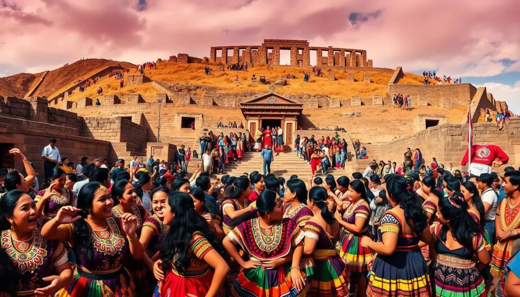 A vibrant and colorful scene of the Inti Raymi festival in Cusco, Peru. In the foreground, a crowd of revelers adorned in traditional Inca attire dance and celebrate, their joyful expressions captured mid-motion. The middle ground features a grand, ornate stage or platform where a ceremonial ritual is taking place, surrounded by onlookers. In the background, the impressive Inca ruins of Sacsayhuaman stand tall, their stonework glowing under the warm, golden sunlight. The atmosphere is electric, filled with the energy of music, drums, and the collective enthusiasm of the participants. Utilize a wide, panoramic lens to capture the scale and grandeur of this vibrant cultural event.
