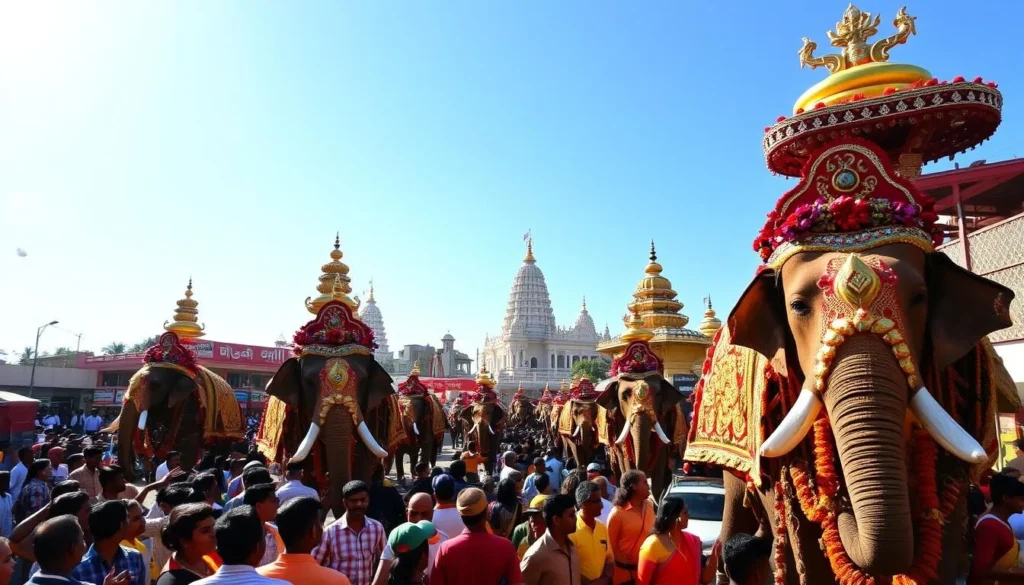 A vibrant and colorful scene of the Thrissur Pooram Festival in Kerala, India. In the foreground, a procession of elaborately decorated elephants majestically marches through the bustling streets, their ornate caparisons glimmering in the warm, golden sunlight. In the middle ground, crowds of people in traditional attire gather around, cheering and celebrating, their faces alight with joy and excitement. In the background, the iconic temples and buildings of Thrissur provide a stunning architectural backdrop, their ornate spires and domes piercing the clear, azure sky. The atmosphere is electric, with the sounds of drums, chants, and lively music filling the air, creating a truly immersive and unforgettable cultural experience.
