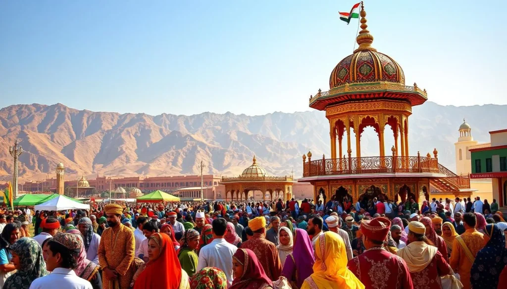 A vibrant and colorful scene showcasing the rich cultural heritage of Oman. In the foreground, a lively crowd gathers at a traditional Omani festival, adorned in intricate, jewel-toned garments and headdresses. In the middle ground, a grand, ornate pavilion stands, its intricate architecture and ornate details reflecting the region's architectural traditions. In the background, a majestic mountainous landscape frames the scene, bathed in warm, golden sunlight. The atmosphere is one of joyous celebration, with a sense of community and tradition palpable throughout the image.