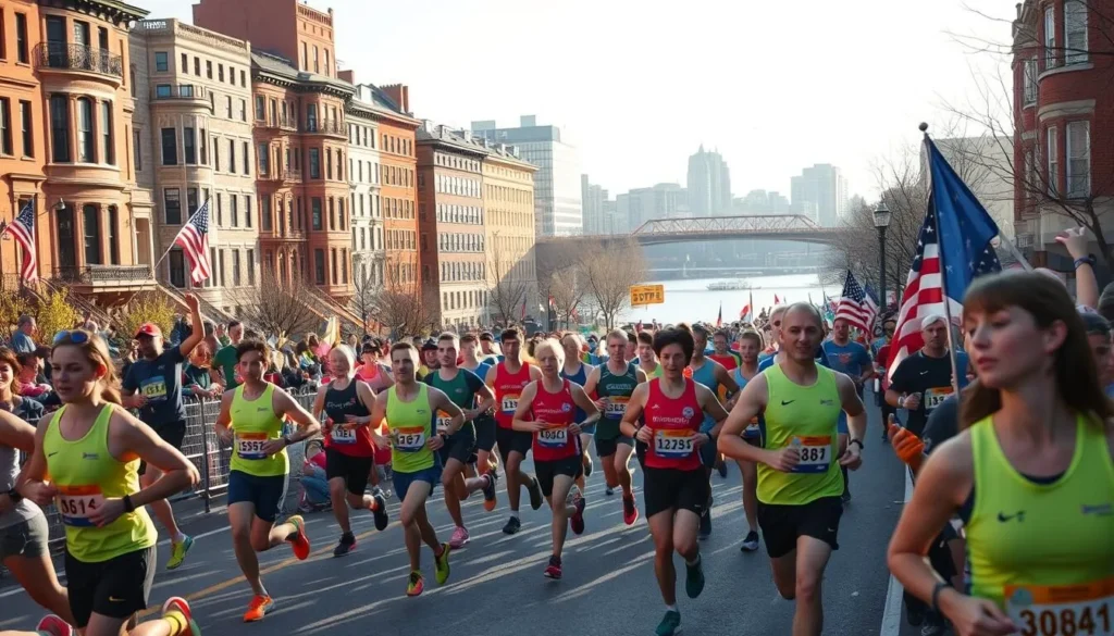 A vibrant and energetic scene of the Boston Spring Marathon, capturing the essence of the city's lively spirit during this annual event. In the foreground, a group of determined runners in bright athletic gear stride forward, their faces flushed with the thrill of the race. The middle ground showcases the iconic landmarks of Boston, such as the historic brownstone buildings and the Charles River, bathed in the warm glow of a spring day. In the background, crowds of enthusiastic spectators line the streets, waving flags and cheering on the runners. The image is infused with a sense of community, camaraderie, and the unwavering spirit of the Boston Marathon tradition.