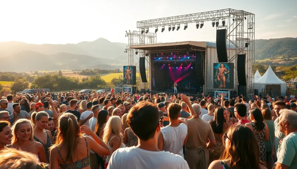 A vibrant and lively music festival in a serene outdoor setting. In the foreground, a captivating crowd of attendees dancing and swaying to the rhythm of the live music, their faces alight with joy and energy. In the middle ground, a large stage stands tall, adorned with colorful lights and speakers that project the electrifying sounds of the performance. In the background, a picturesque landscape of rolling hills and lush greenery provides a stunning natural backdrop, bathed in the warm glow of the sun. The atmosphere is electric, with a palpable sense of excitement and community as the festival-goers immerse themselves in the music and the festivities.