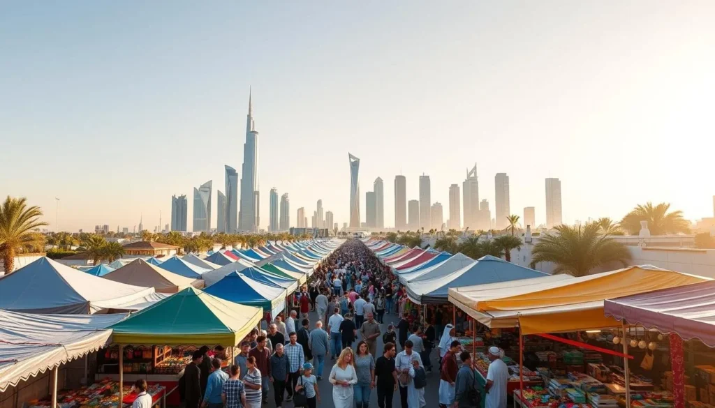 A vibrant and lively scene of Abu Dhabi's specialized festivals, showcasing the city's rich cultural diversity. In the foreground, colorful tents and stalls line the streets, offering a variety of local artisanal crafts, traditional cuisine, and live music performances. In the middle ground, a crowd of people wander through the bustling marketplace, immersed in the festive atmosphere. The background features the iconic skyline of Abu Dhabi, with the towering skyscrapers and modern architecture creating a striking contrast to the traditional festival setting. The scene is bathed in warm, golden sunlight, creating a sense of energy and celebration. The overall mood is vibrant, lively, and inviting, capturing the essence of Abu Dhabi's specialized festivals.