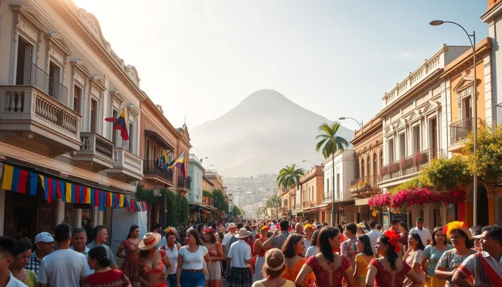 A vibrant and lively street scene during the San Cristobal festival in Venezuela. In the foreground, a crowd of revelers in colorful traditional costumes dances to the rhythm of live music. Lively vendors offer a variety of local cuisine and handicrafts. The middle ground features ornate colonial buildings with balconies adorned with flags and streamers. In the background, the iconic Pico del Águila mountain range provides a majestic backdrop. Warm, golden sunlight bathes the scene, creating a festive and celebratory atmosphere. Capture the energy, culture, and natural beauty of this annual celebration in San Cristobal.