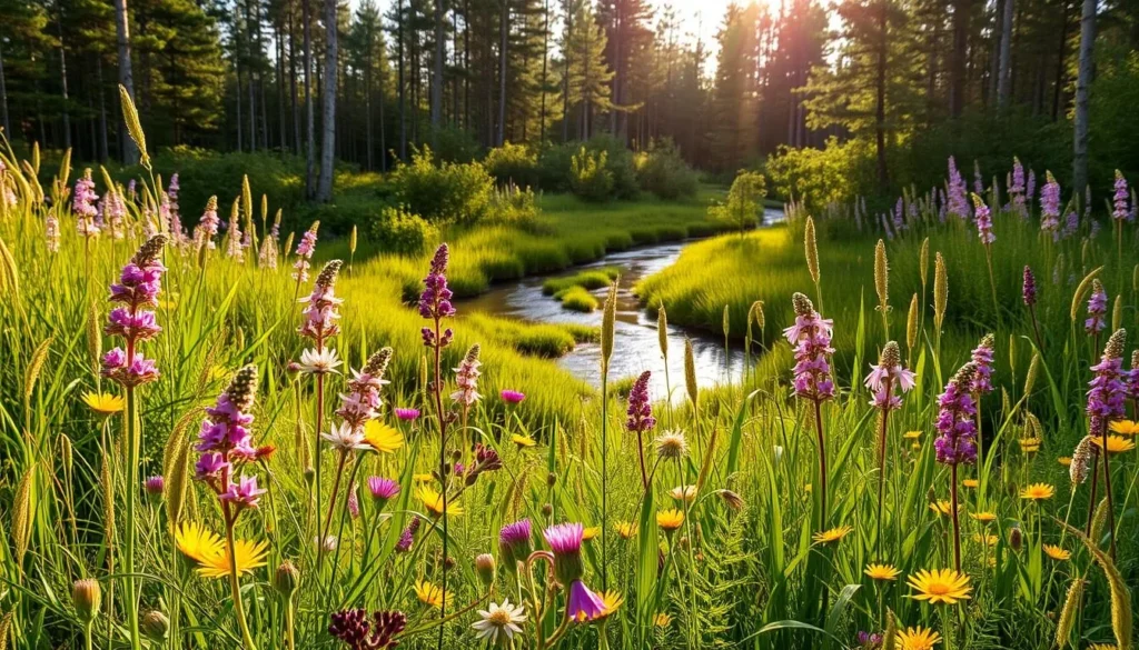 A vibrant and lush landscape showcasing the botanical diversity of Store Mosse National Park, Sweden. In the foreground, a variety of wildflowers in bloom, including delicate orchids, vibrant buttercups, and fragrant meadowsweet, sway gently in the breeze. The middle ground reveals a meandering stream, its banks lined with verdant sedges and rushes, while the background is dominated by a dense forest of towering pines and birches, their leaves casting dappled shadows on the ground below. The scene is bathed in the warm, golden light of a late afternoon sun, creating a serene and inviting atmosphere, perfectly capturing the natural beauty and ecological richness of this remarkable Swedish wilderness.
