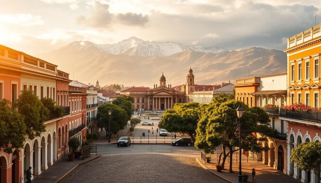 A vibrant and picturesque scene of Mérida's historic center, nestled within the majestic Andes Mountains. In the foreground, cobblestone streets are lined with colorful colonial-era buildings, their balconies overflowing with verdant foliage. The middle ground showcases the iconic Plaza Bolívar, surrounded by grand cathedrals and government buildings with their distinctive Spanish-style architecture. In the background, the snow-capped peaks of the Andes loom large, creating a breathtaking backdrop. Warm, golden sunlight filters through the scene, casting a soft, romantic glow and highlighting the intricate details of the historic structures. The overall atmosphere exudes a sense of timeless elegance and cultural richness, inviting the viewer to explore the heart of the Venezuelan Andes.