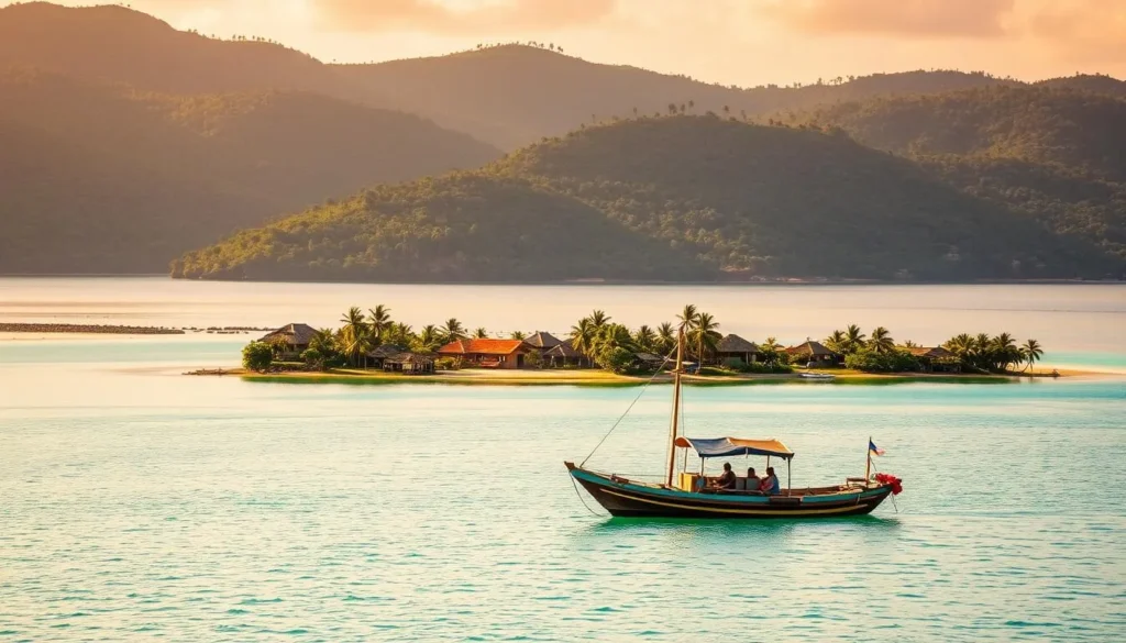 A vibrant and sun-dappled scene of Minicoy Island, the southernmost atoll of the Lakshadweep archipelago. In the foreground, a traditional Mahl fishing boat sways gently on the turquoise waters, its colorful sails billowing in the light breeze. In the middle ground, a small village nestles along the shore, its thatched-roof houses and palm trees reflecting in the calm lagoon. The background is dominated by the gentle hills and lush greenery of the island's interior, bathed in warm, golden light. The overall atmosphere conveys a sense of tranquility and timelessness, highlighting the linguistic heritage and cultural traditions of this remote, yet vibrant, corner of India.